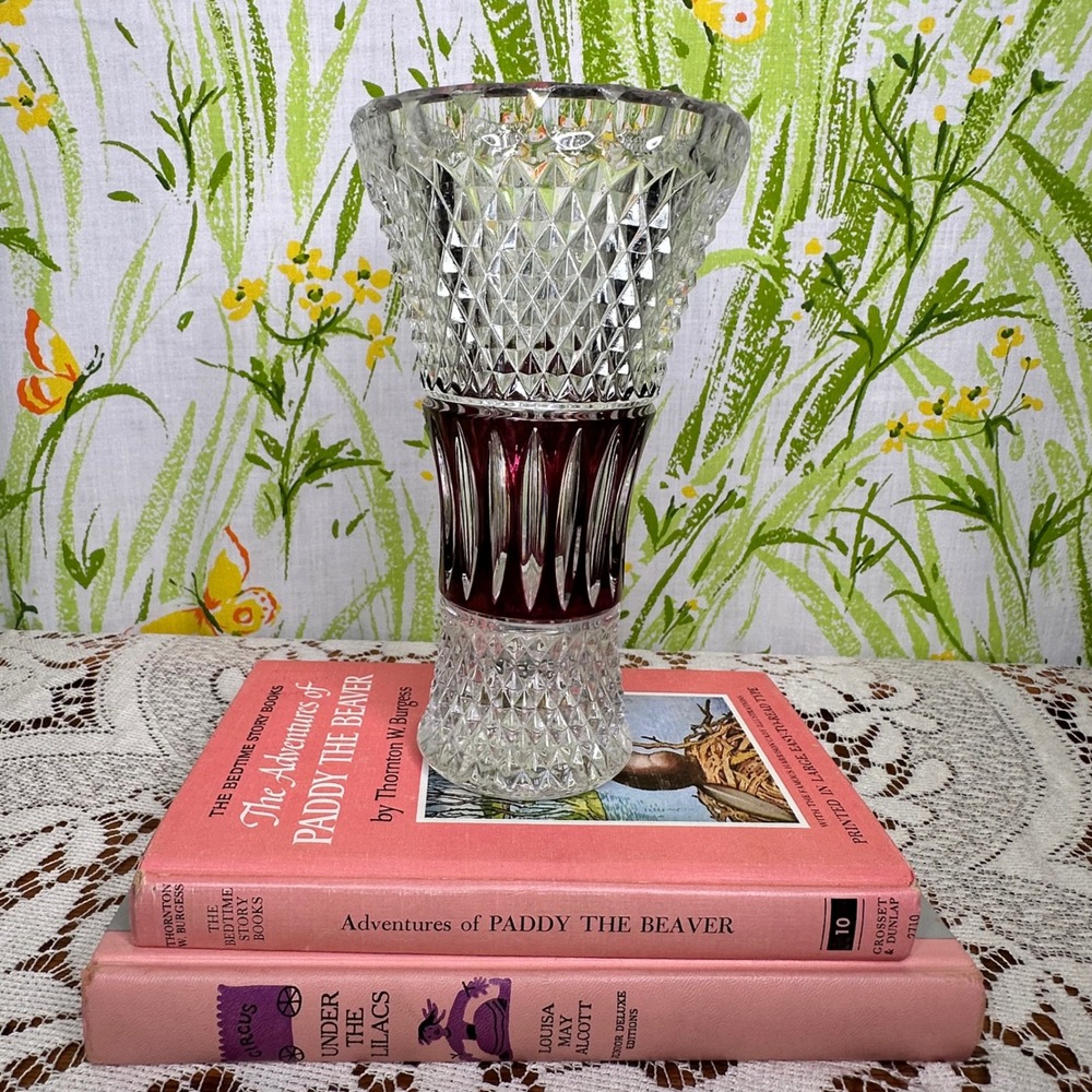 Enesco Lead Crystal Vase Diamond Point Ruby Flashing Pressed Vintage Glass